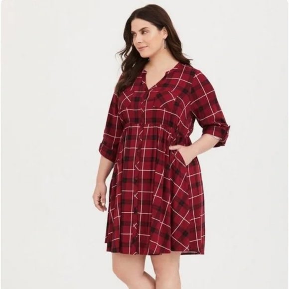 TORRID Red & Black Plaid Mini Challis Shirt Dress - Picture 2 of 16